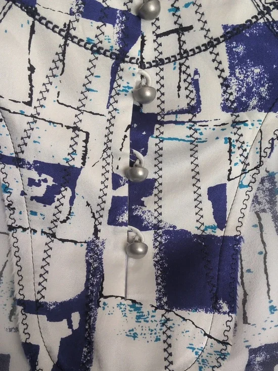 Etcetera White and Navy Printed Round Neck Sleeveless Silk Blouse - Picture 4 of 7